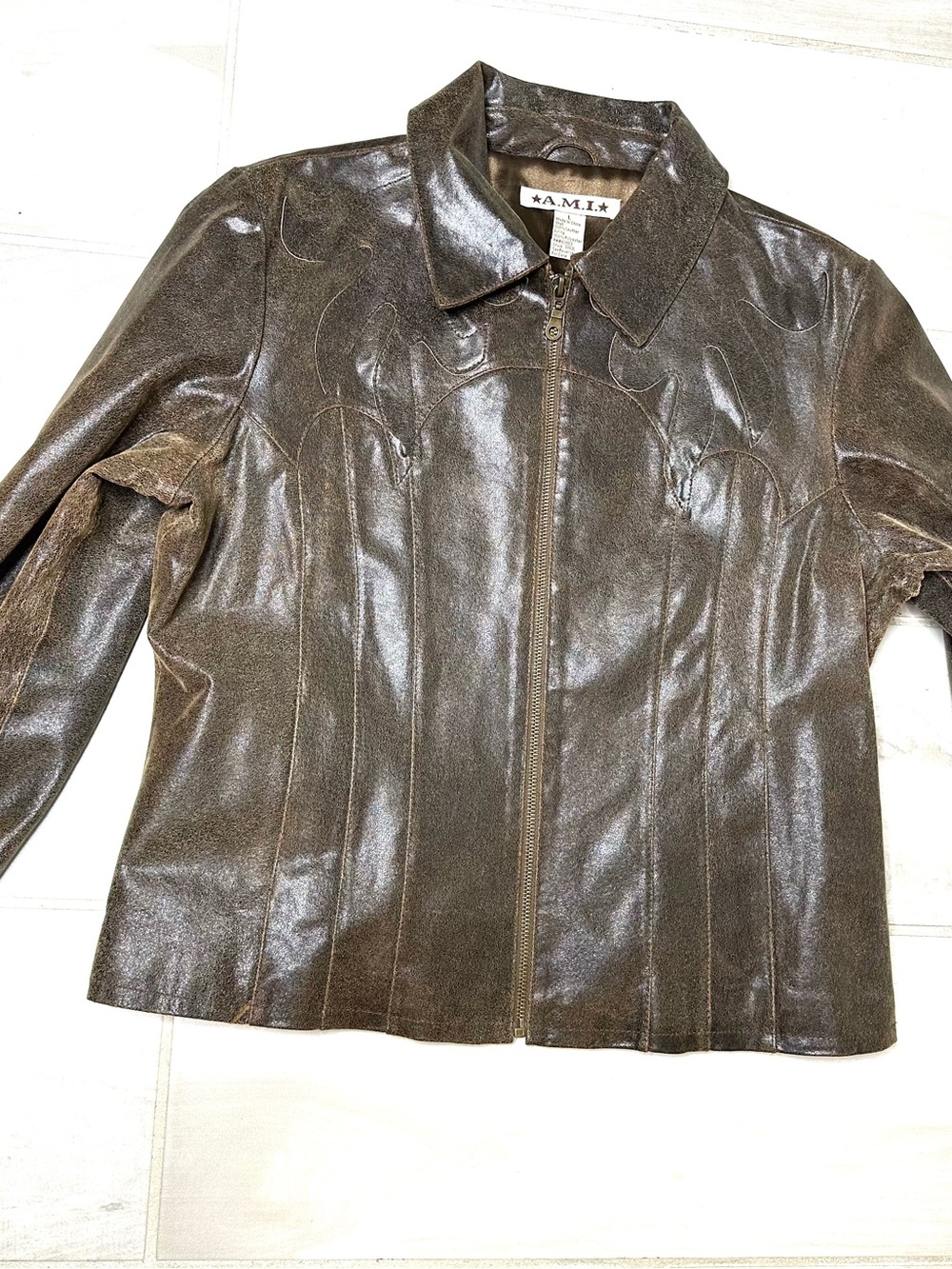 A.M.I. Brown Distressed Leather Western Flame Zip Moto Jacket Size L
